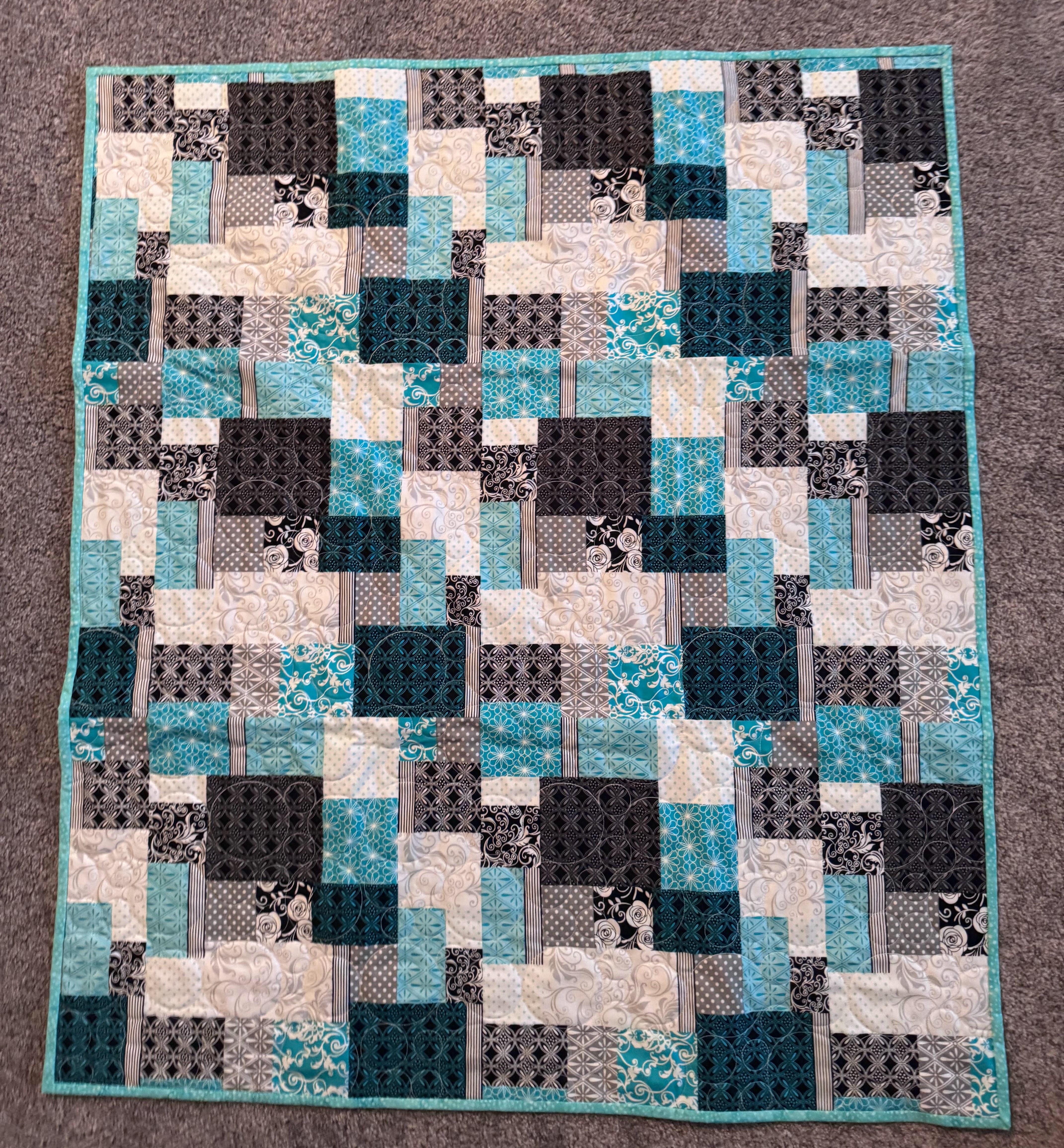 Teal Block Panel Quilt, Baby, 36" x 41"